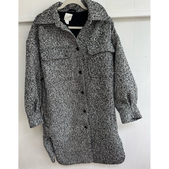 Women’s H&M Long Black White Herringbone Button Up Shacket Jacket Coat Medium - Picture 6 of 11